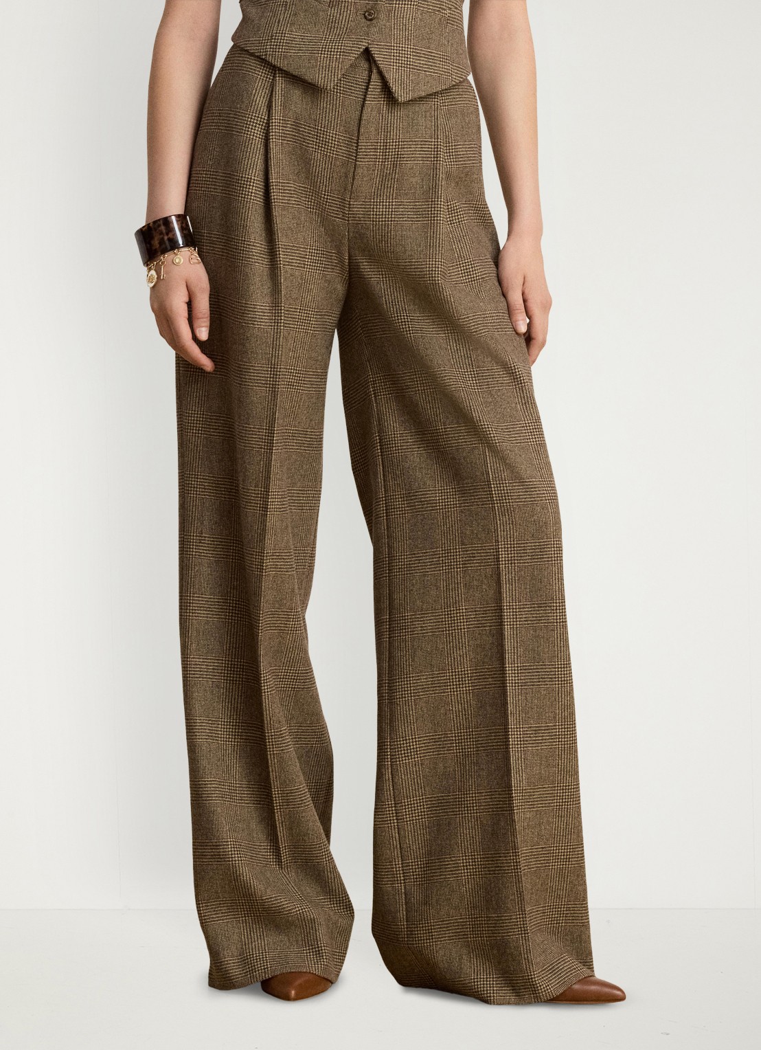 Ralph Lauren High waist wide fit pantalon van wol en ruitdessin - detail 3 brown/tan multi / bruin