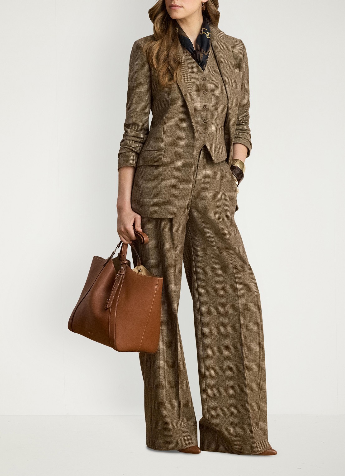 Ralph Lauren High waist wide fit pantalon van wol en ruitdessin - voorkant 2 brown/tan multi / bruin