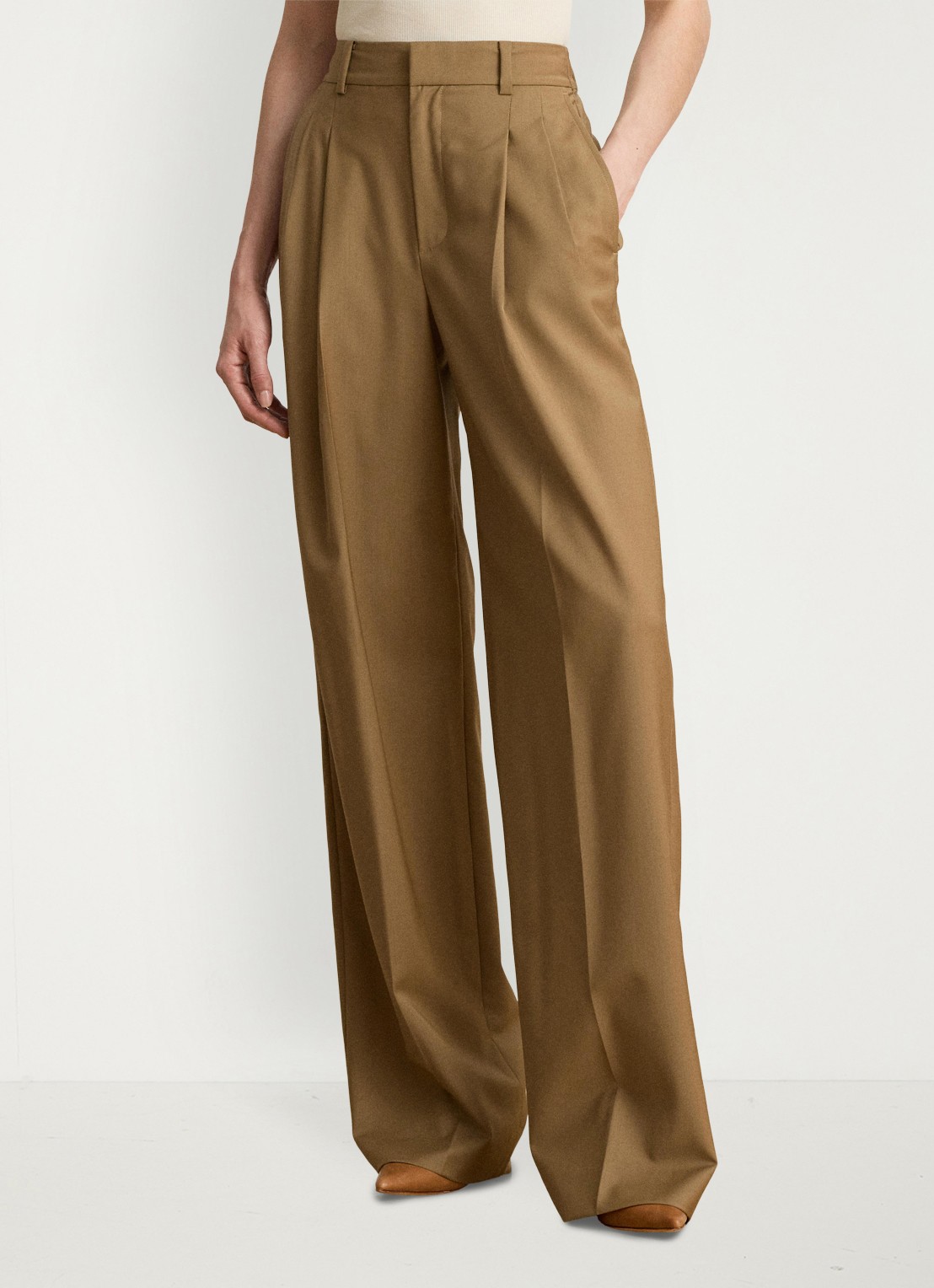 Ralph Lauren High waist wide fit pantalon van wol met steekzakken - detail 4 honey tan / beige