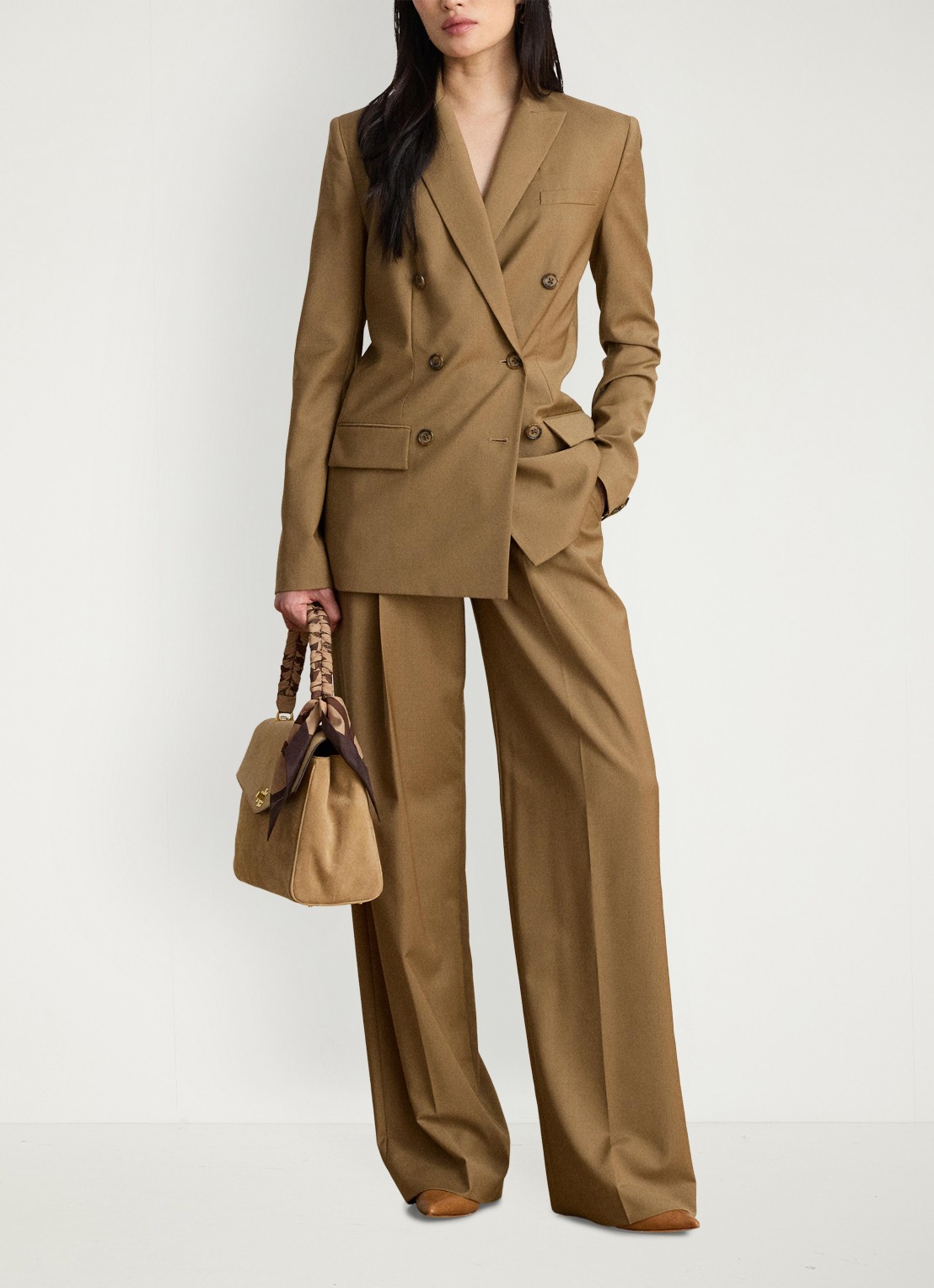 Ralph Lauren High waist wide fit pantalon van wol met steekzakken - voorkant 2 honey tan / beige