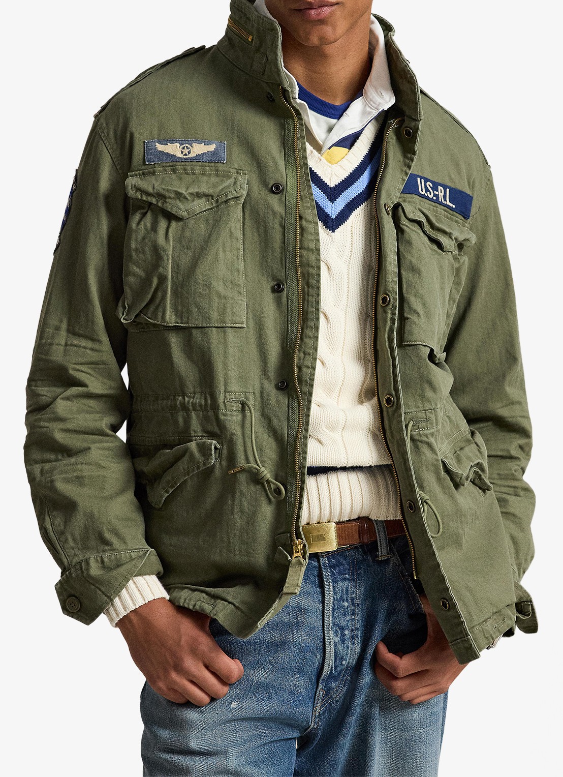 Ralph Lauren Jack met opbergbare capuchon en klepzakken - voorkant 2 olive mountain w/ patches / groen