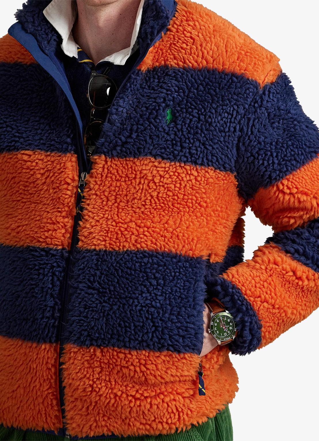 Ralph Lauren Jack van fleece met streepprint - detail 2 brght preppy orange / oranje