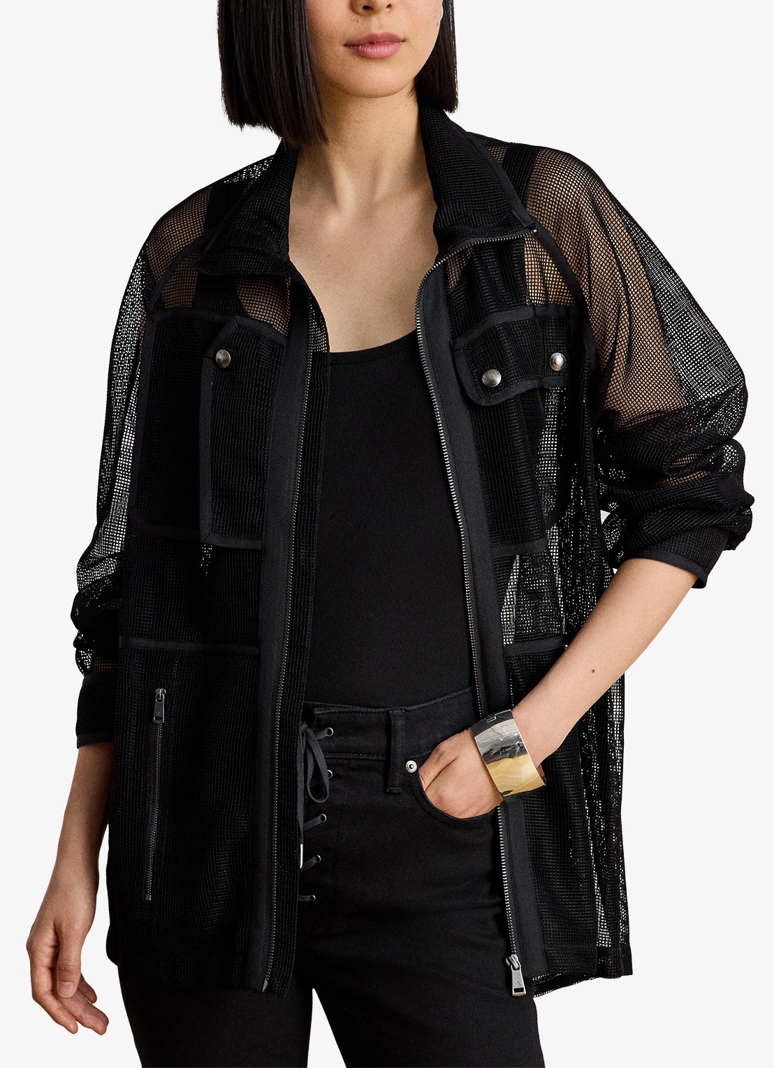 Ralph Lauren Jas van mesh met opgestikte zakken - detail 4 zwart