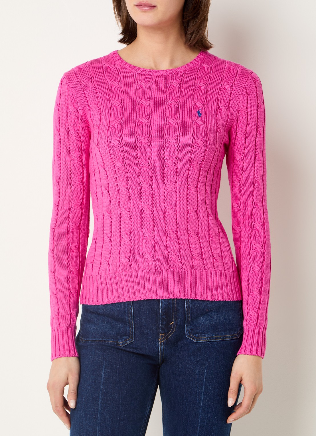 Ralph Lauren Julianna kabelgebreide pullover met logoborduring - detail 4 fuchsia