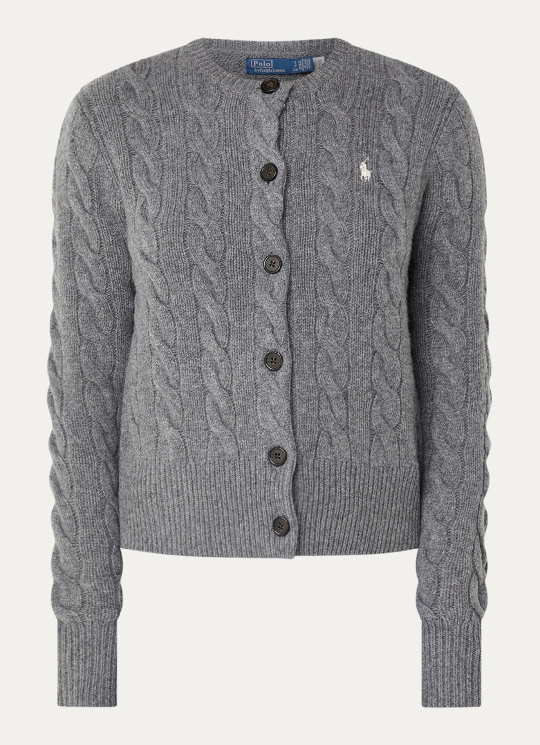 Ralph Lauren Kabelgebreid vest in kasjmierblend met logoborduring - voorkant grijs