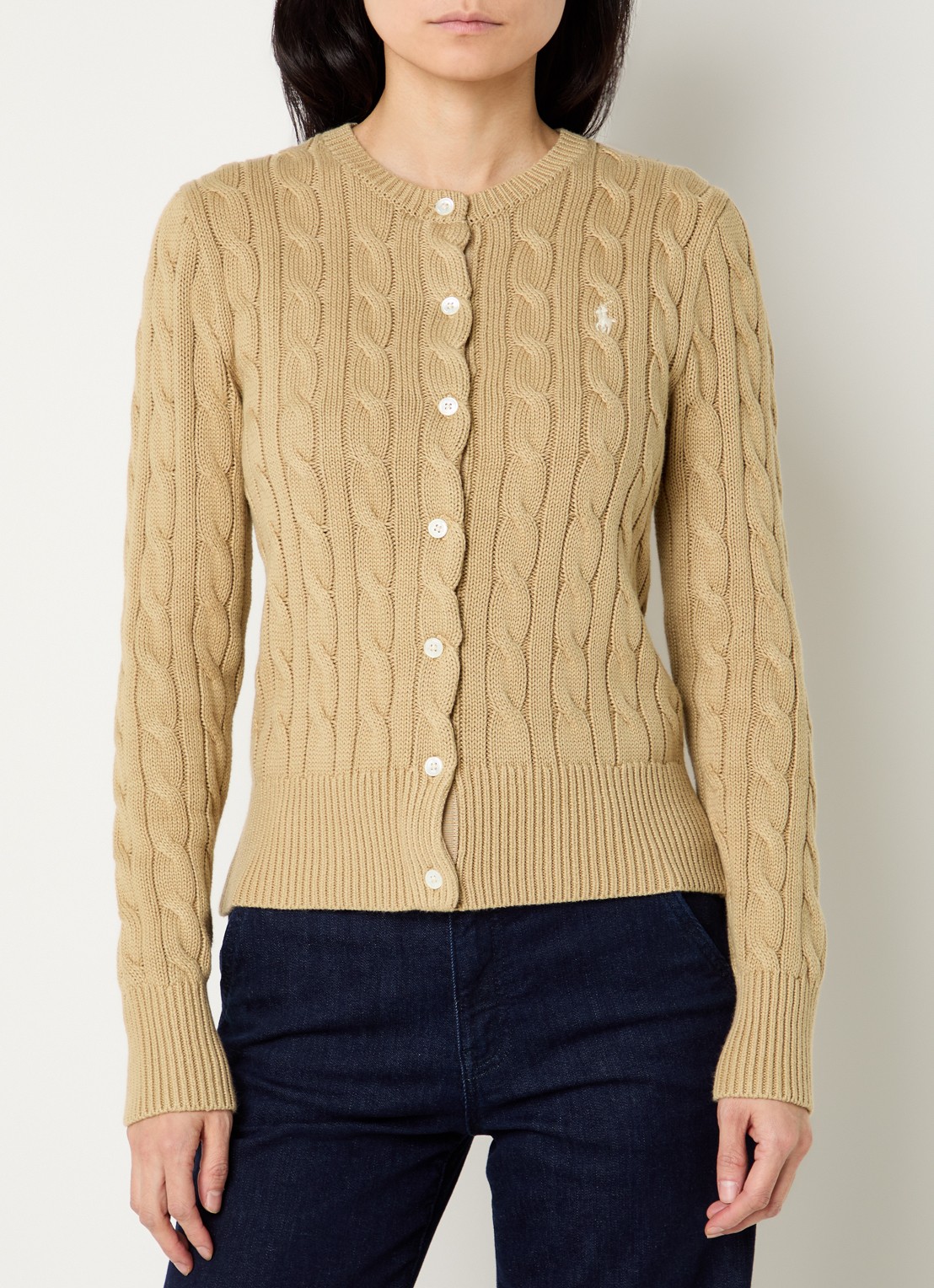 Ralph Lauren Kabelgebreid vest met logoborduring - detail camel