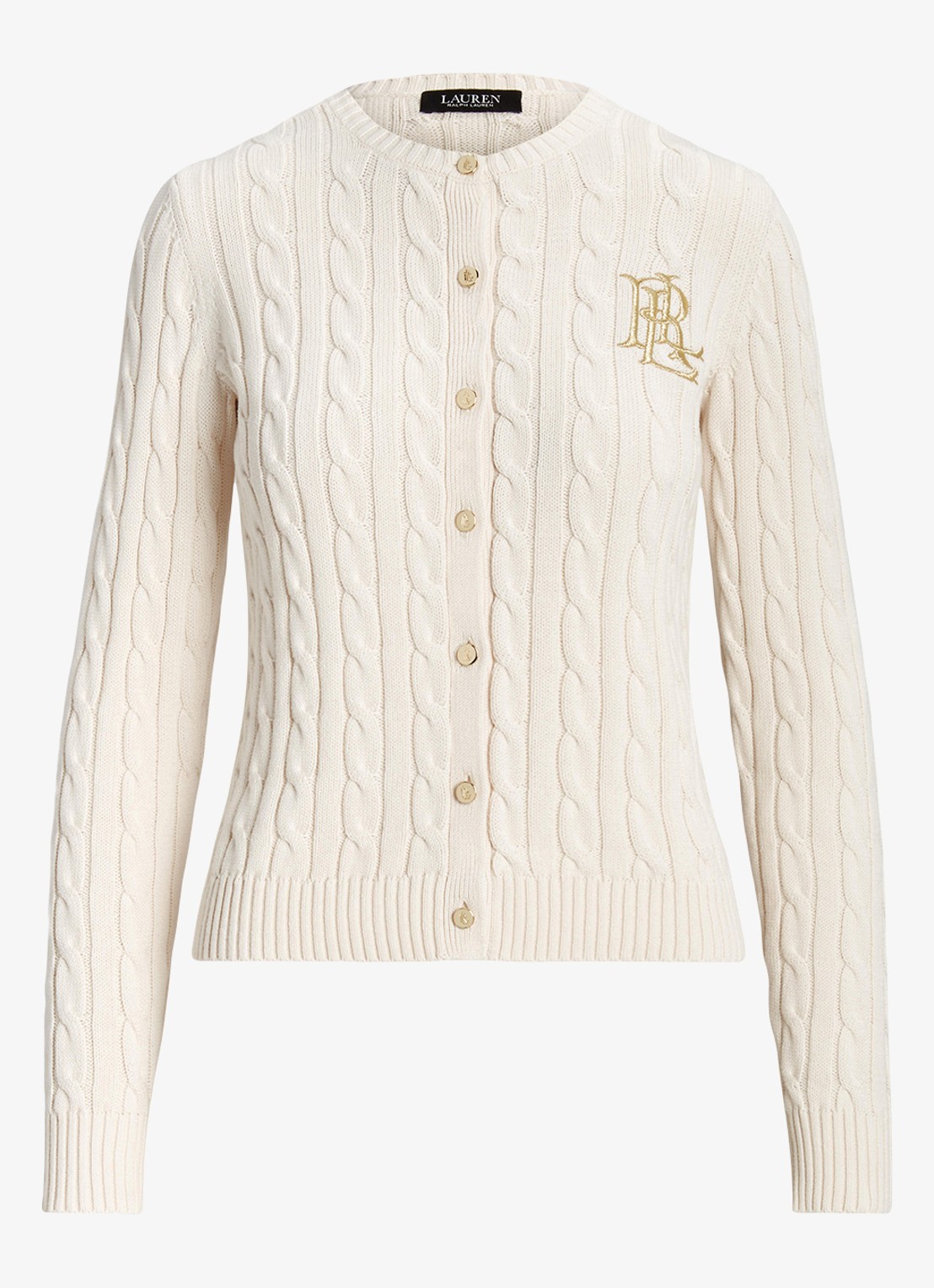 Ralph Lauren Kabelgebreid vest met logoborduring - voorkant 3 mascarpone cream / beige