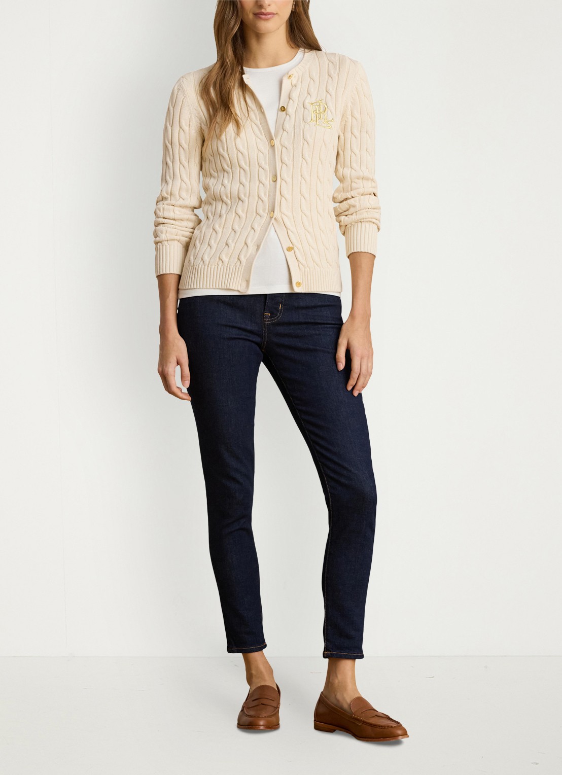 Ralph Lauren Kabelgebreid vest met logoborduring - voorkant 4 mascarpone cream / beige