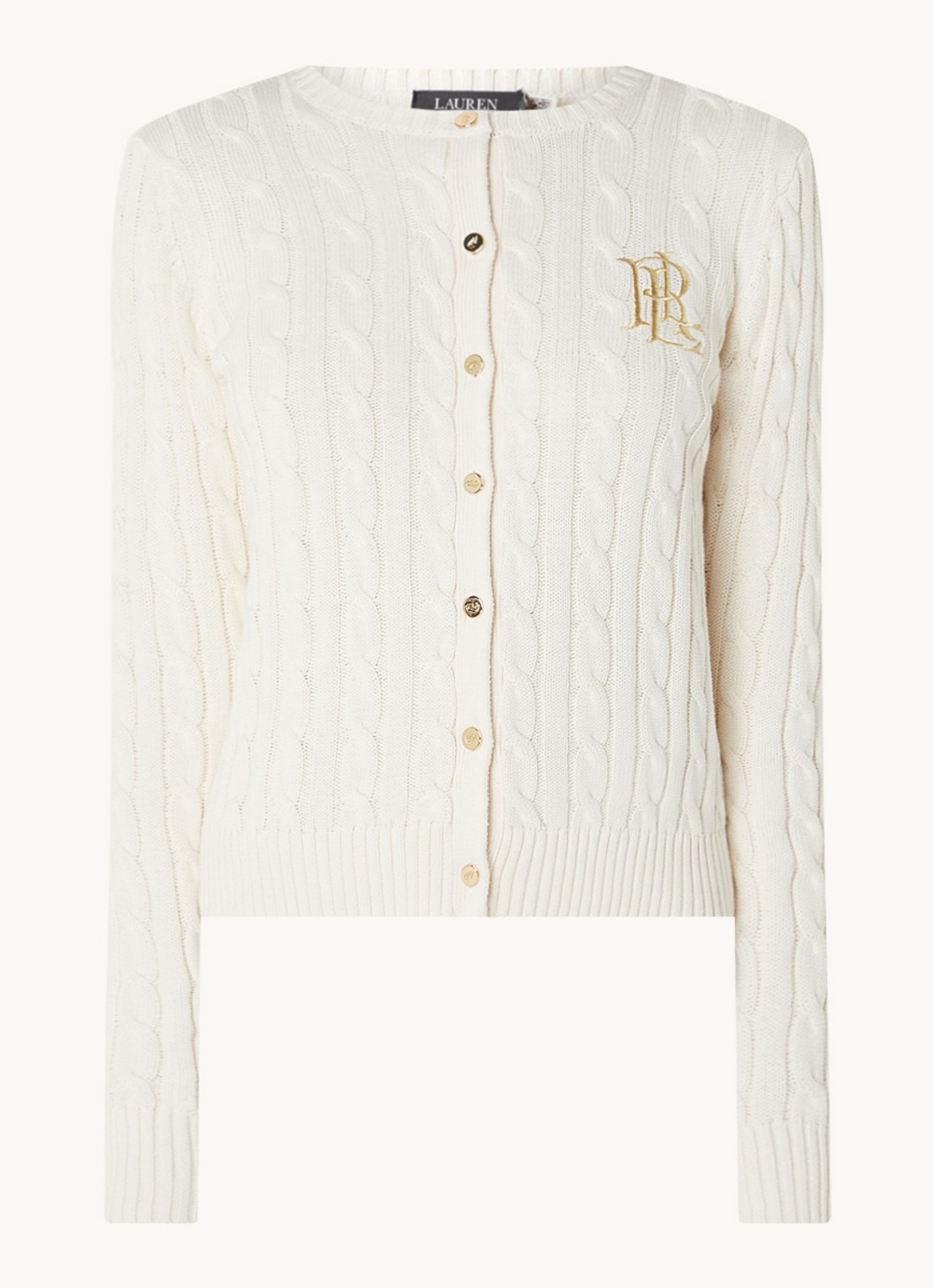 Ralph Lauren Kabelgebreid vest met logoborduring - voorkant 5 mascarpone cream / beige