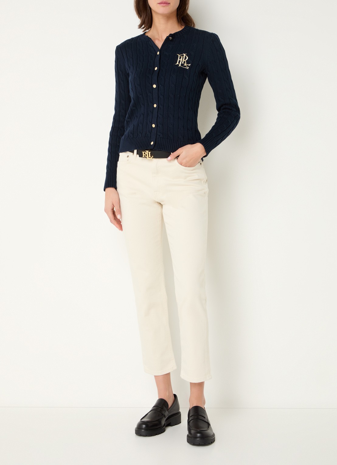Ralph Lauren Kabelgebreid vest met logoborduring - voorkant 2 lauren navy / donkerblauw