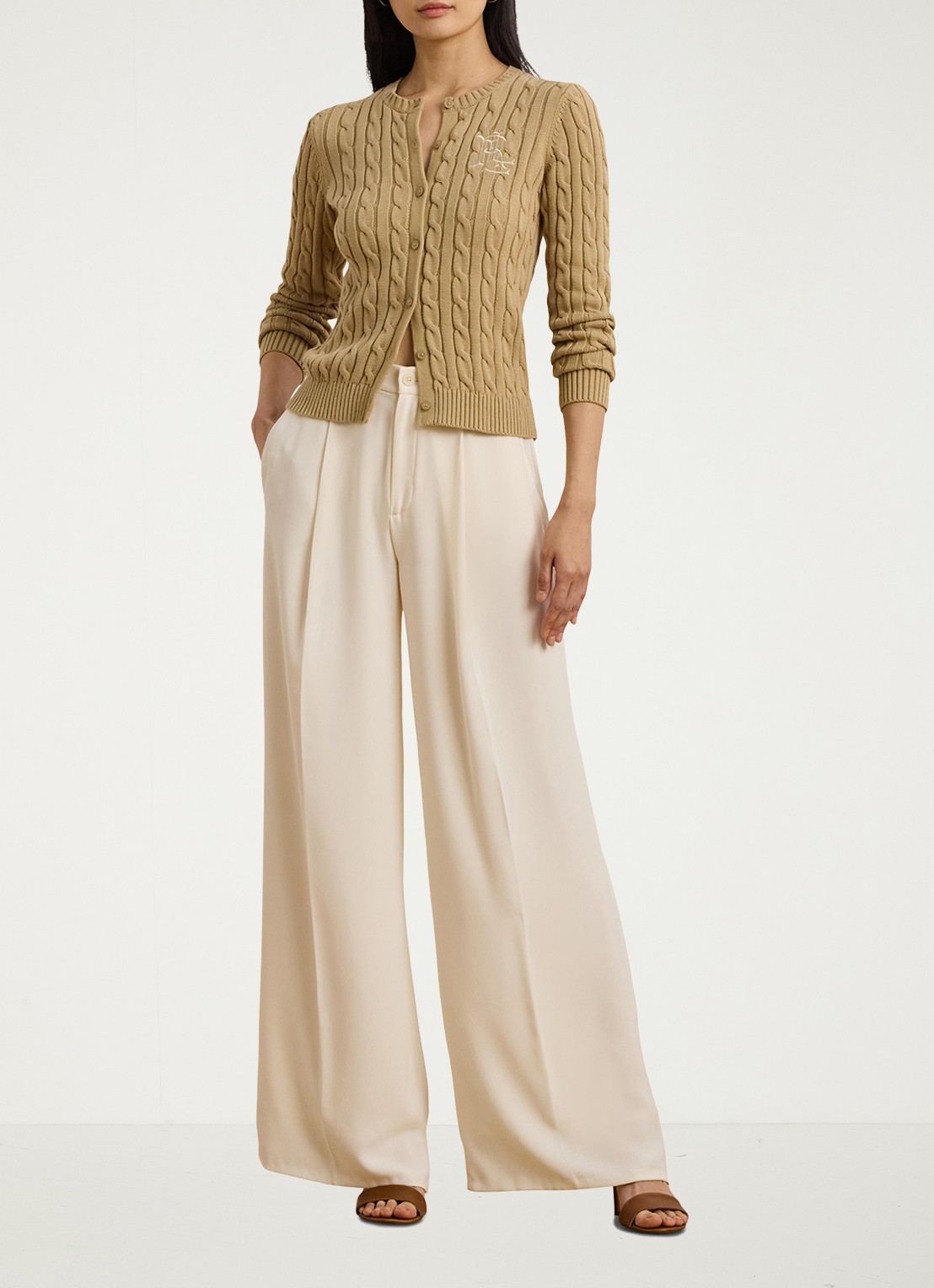 Ralph Lauren Kabelgebreid vest met logoborduring - voorkant 4 birch tan / beige