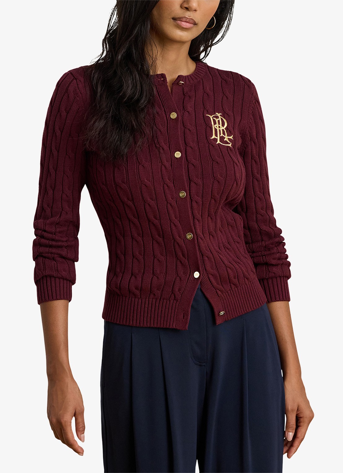 Ralph Lauren Kabelgebreid vest met logoborduring - detail dark garnet / bordeauxrood