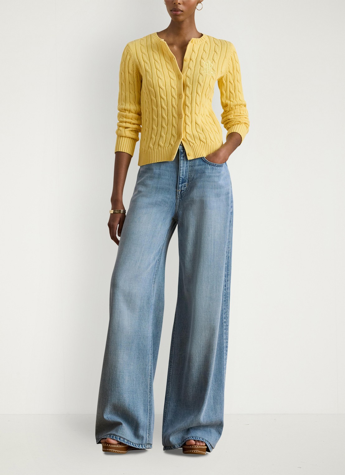 Ralph Lauren Kabelgebreid vest met logoborduring - voorkant 3 lemon sorbet / geel