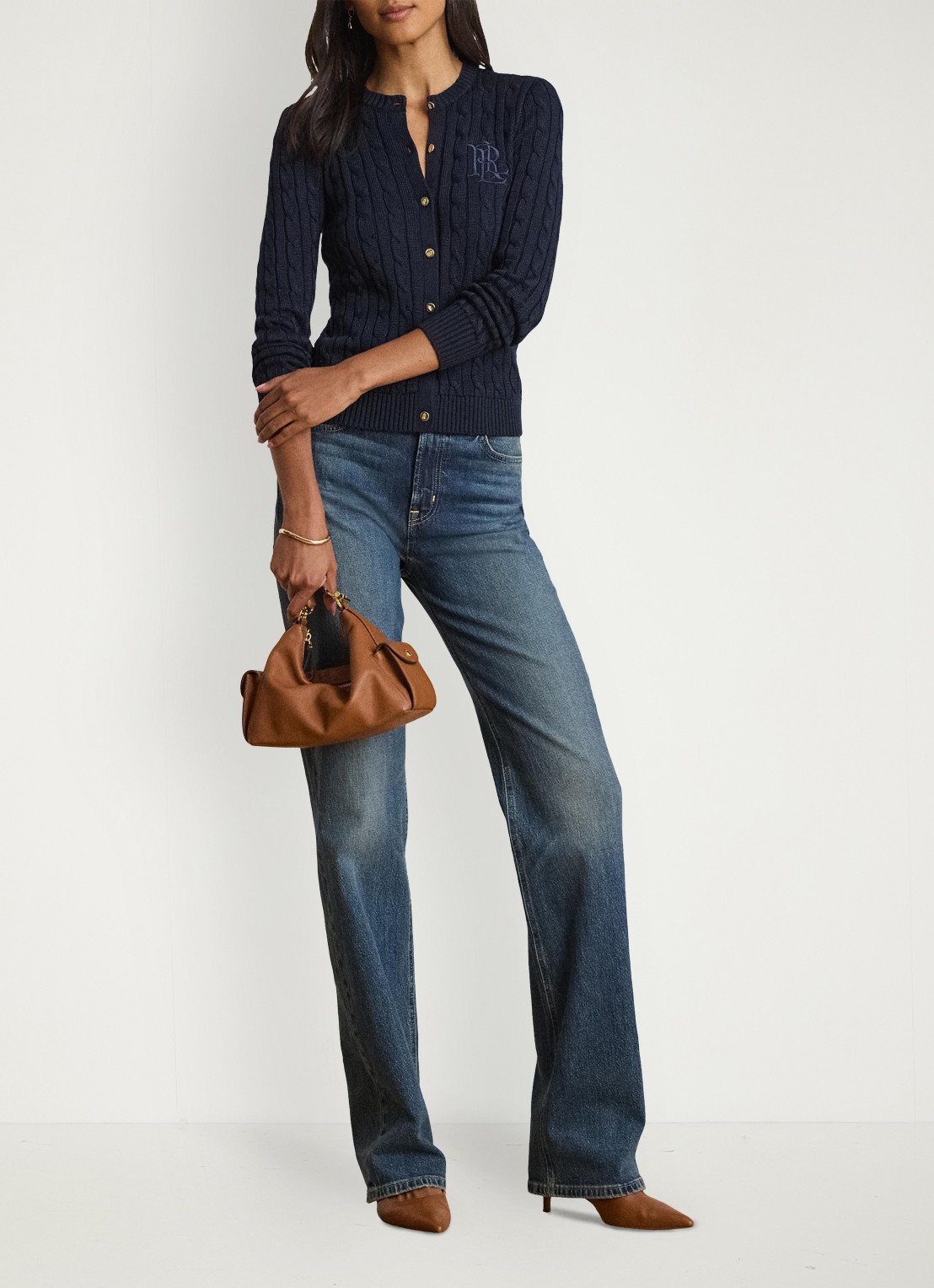 Ralph Lauren Kabelgebreid vest met logoborduring - voorkant 5 lauren navy / blauw