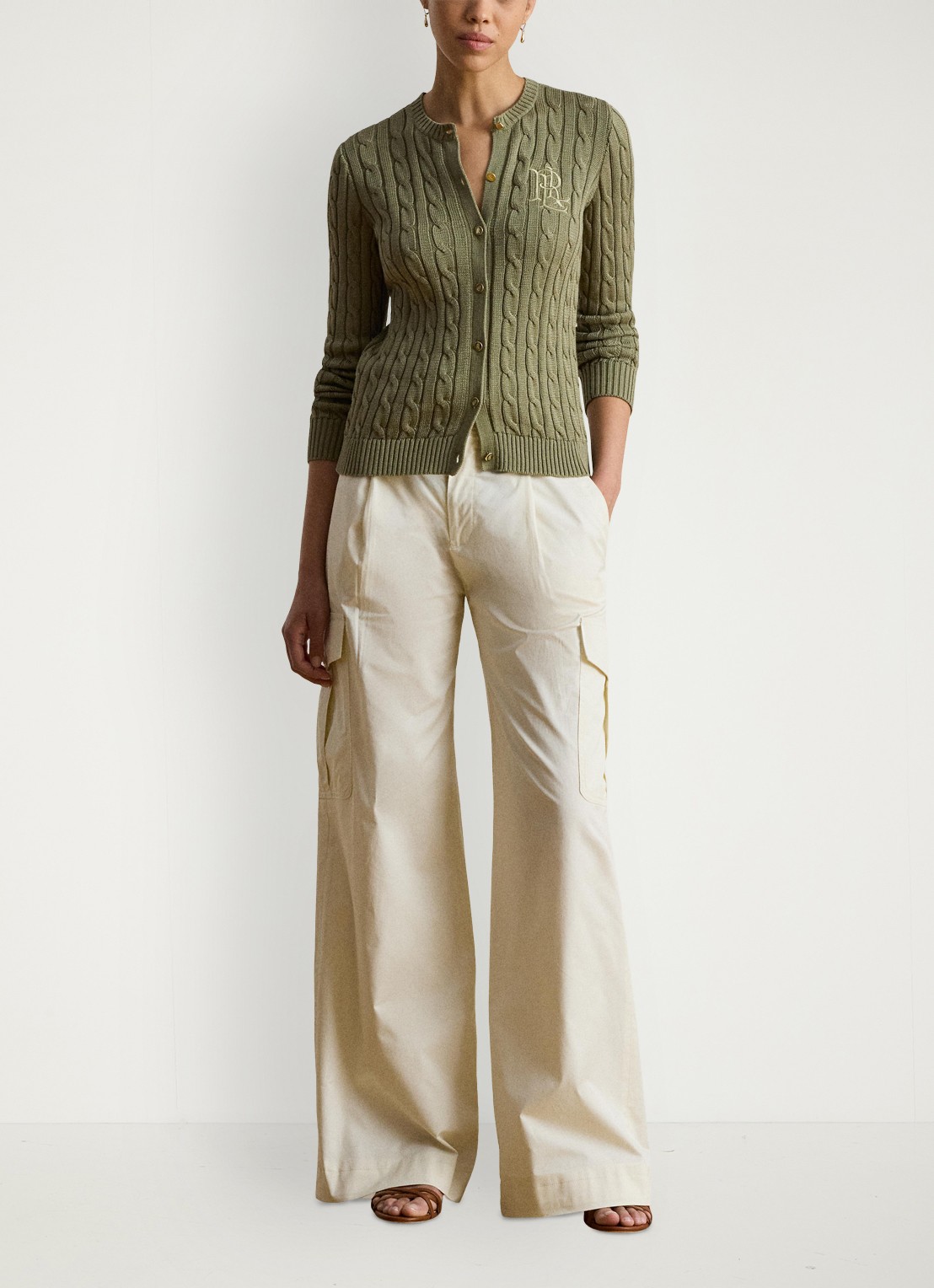 Ralph Lauren Kabelgebreid vest met logoborduring - voorkant 4 light agave / groen