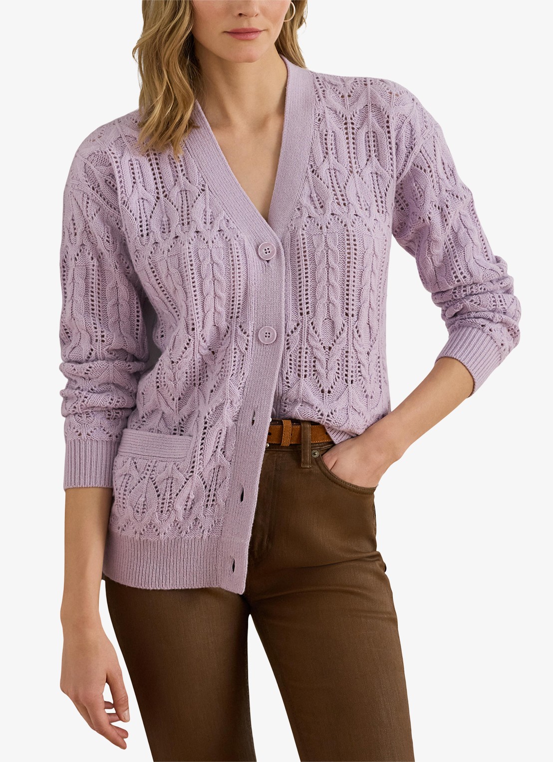 Ralph Lauren Kabelgebreid vest van wolblend met steekzakken - detail 4 lavender frost / lila