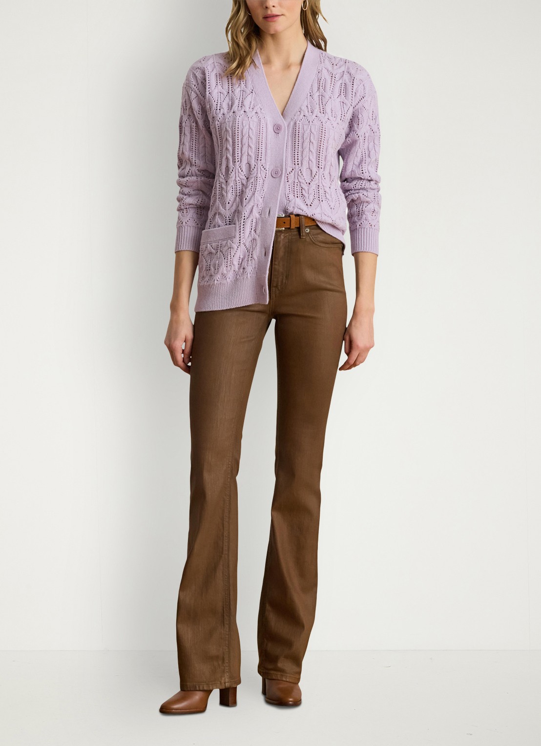 Ralph Lauren Kabelgebreid vest van wolblend met steekzakken - voorkant 2 lavender frost / lila