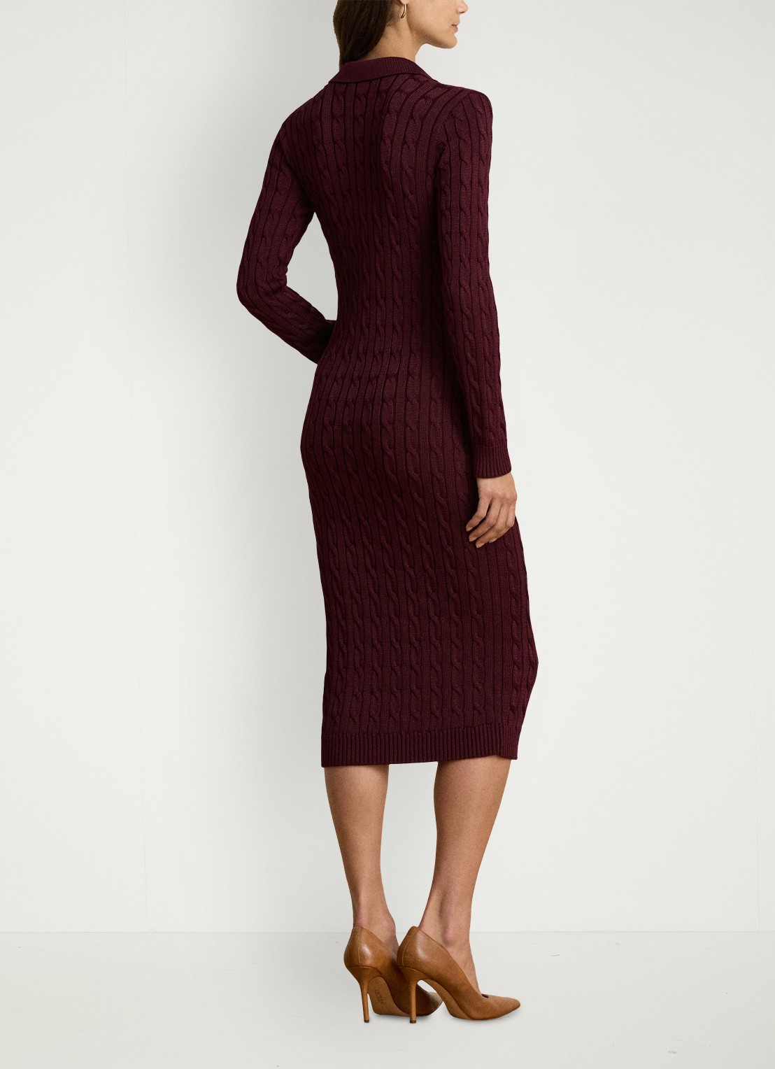 Ralph Lauren Kabelgebreide midi trui-jurk met kraag - achterkant 5 dark garnet / bordeauxrood