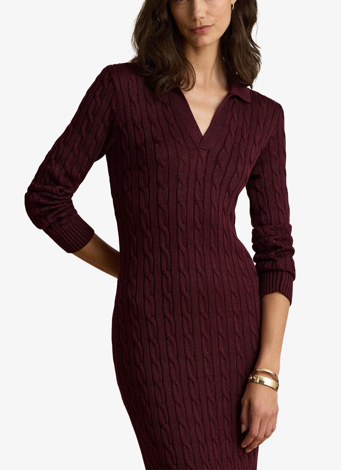 Ralph Lauren Kabelgebreide midi trui-jurk met kraag - detail 3 dark garnet / bordeauxrood