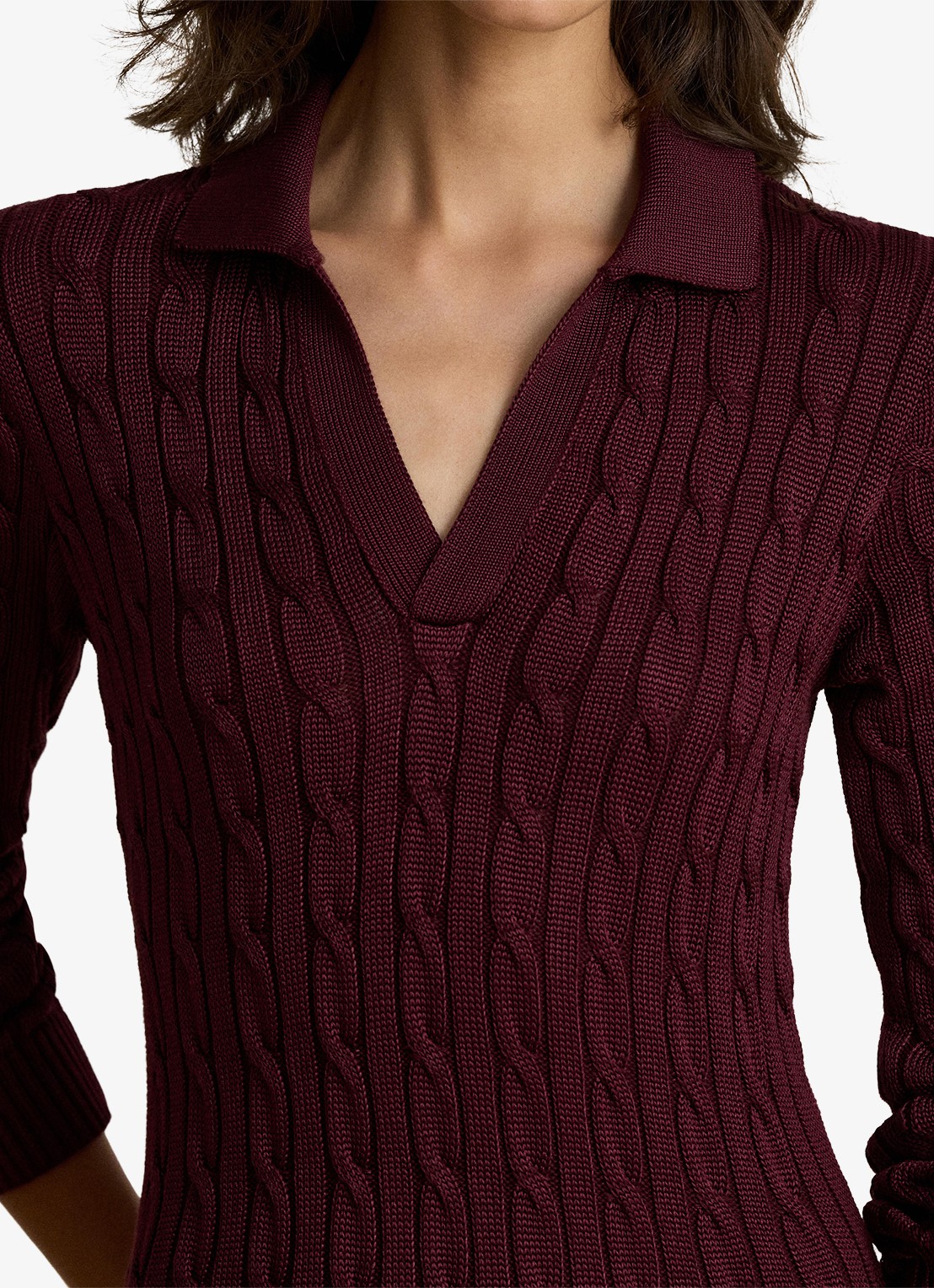 Ralph Lauren Kabelgebreide midi trui-jurk met kraag - detail 4 dark garnet / bordeauxrood