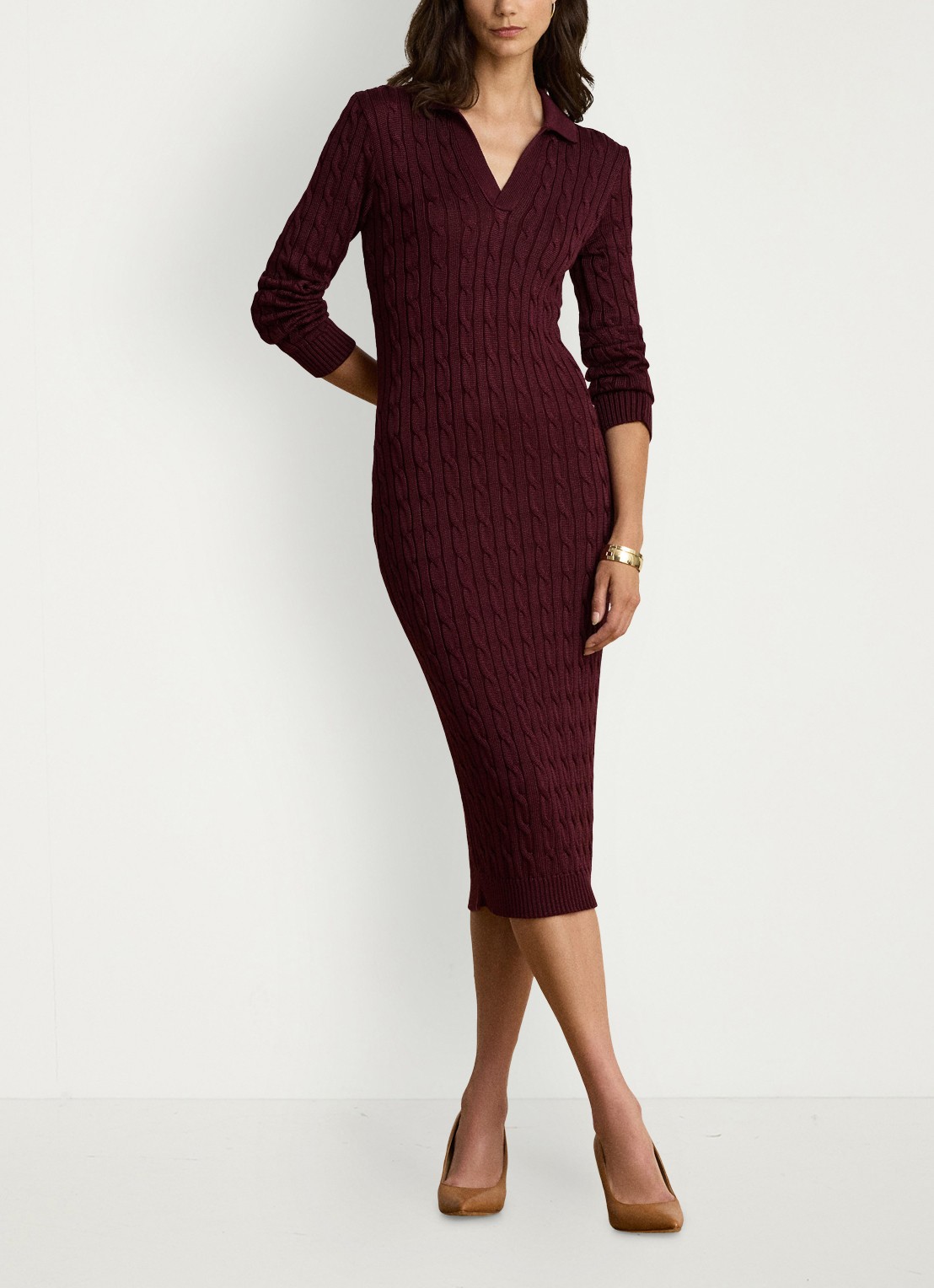 Ralph Lauren Kabelgebreide midi trui-jurk met kraag - voorkant 2 dark garnet / bordeauxrood