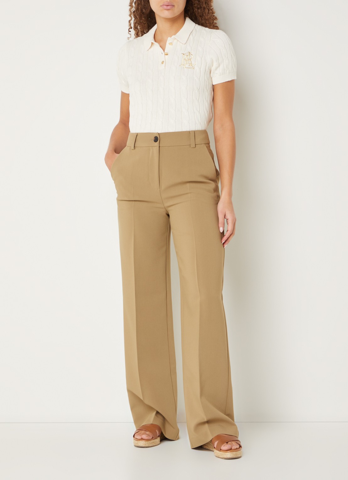 Ralph Lauren  Kabelgebreide polo met logoborduring - voorkant 2 mascarpone cream / beige