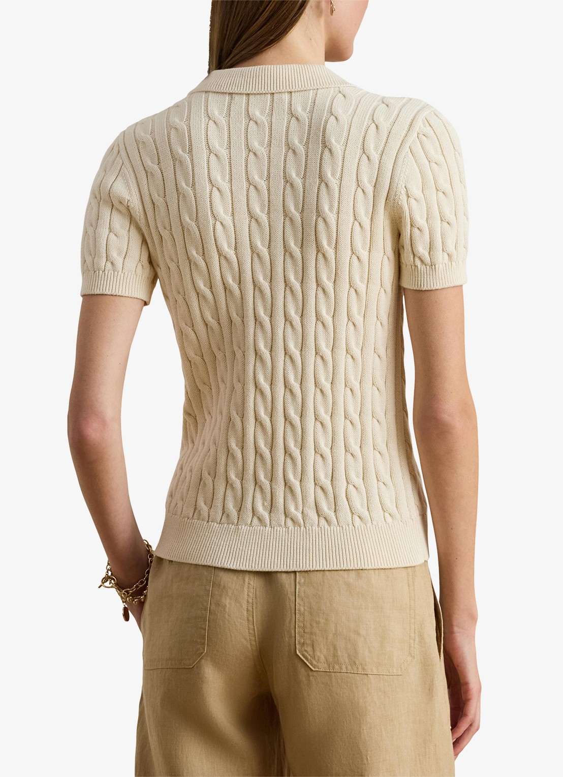 Ralph Lauren  Kabelgebreide polo met logoborduring - achterkant 5 mascarpone cream / beige