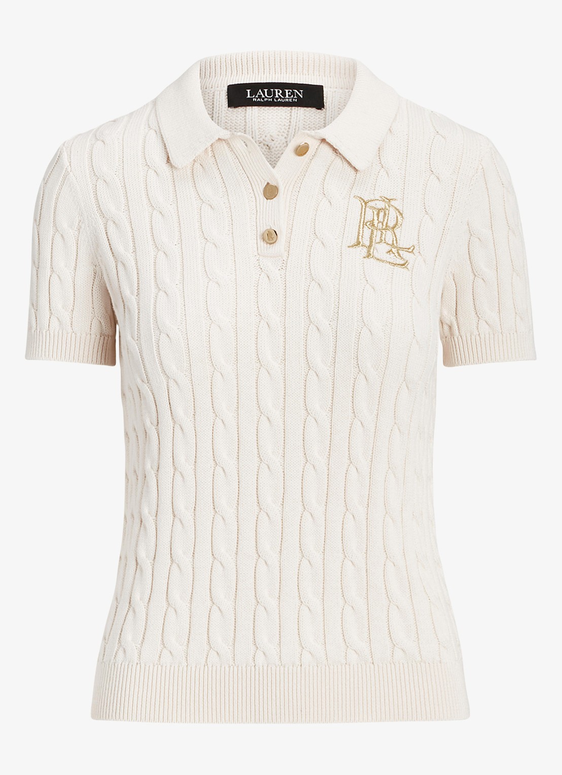 Ralph Lauren  Kabelgebreide polo met logoborduring - voorkant 3 mascarpone cream / beige
