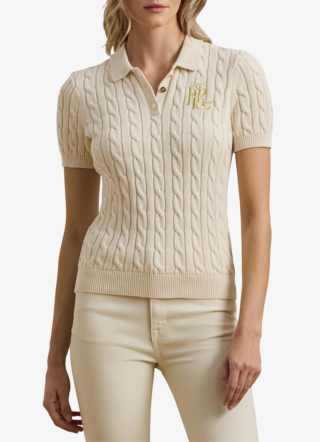 Ralph Lauren  Kabelgebreide polo met logoborduring - detail 9 mascarpone cream / beige