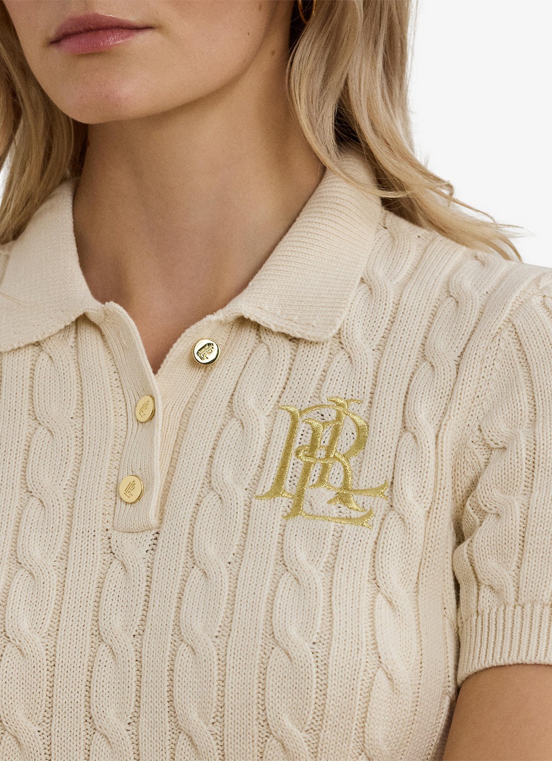 Ralph Lauren  Kabelgebreide polo met logoborduring - detail 10 mascarpone cream / beige
