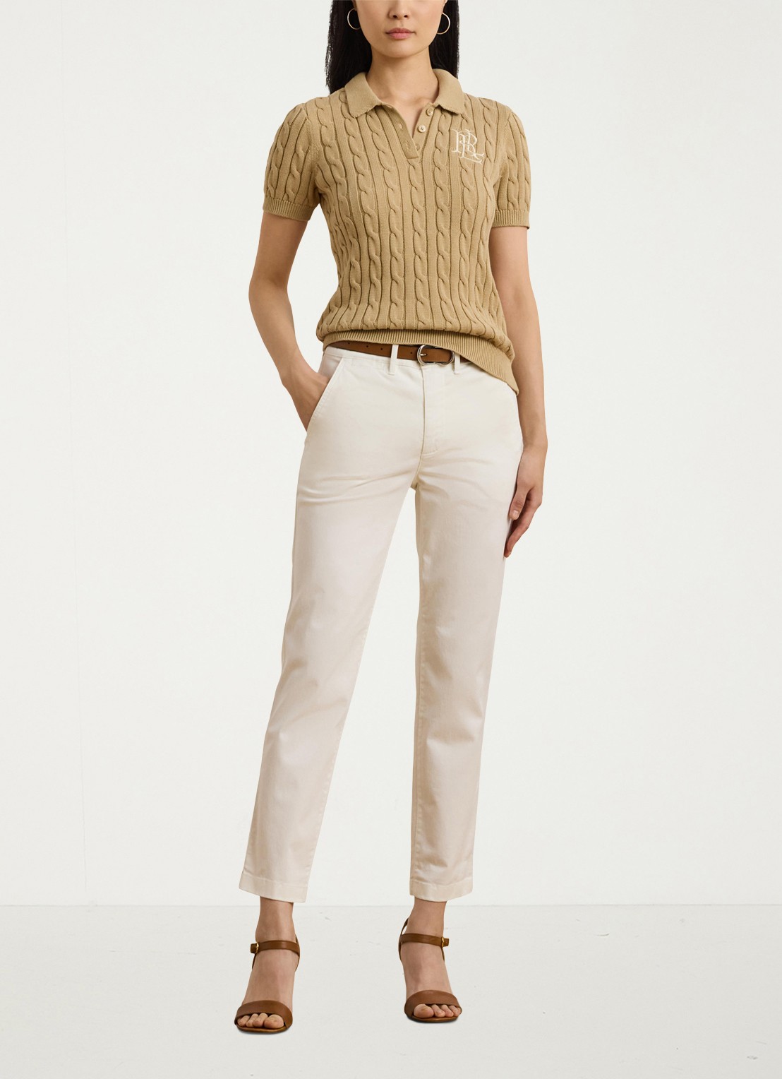 Ralph Lauren  Kabelgebreide polo met logoborduring - voorkant 3 birch tan / beige
