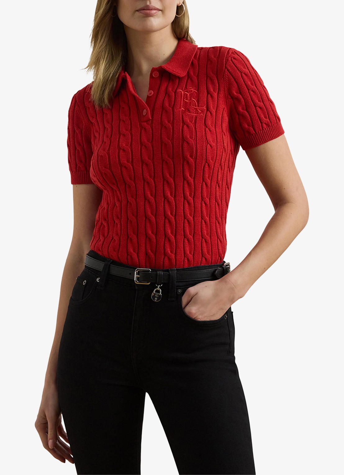 Ralph Lauren  Kabelgebreide polo met logoborduring - detail 2 madison red / rood