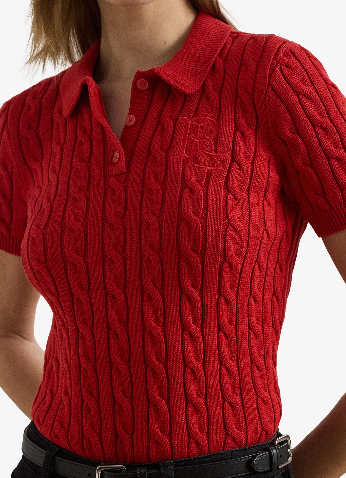 Ralph Lauren  Kabelgebreide polo met logoborduring - detail 3 madison red / rood