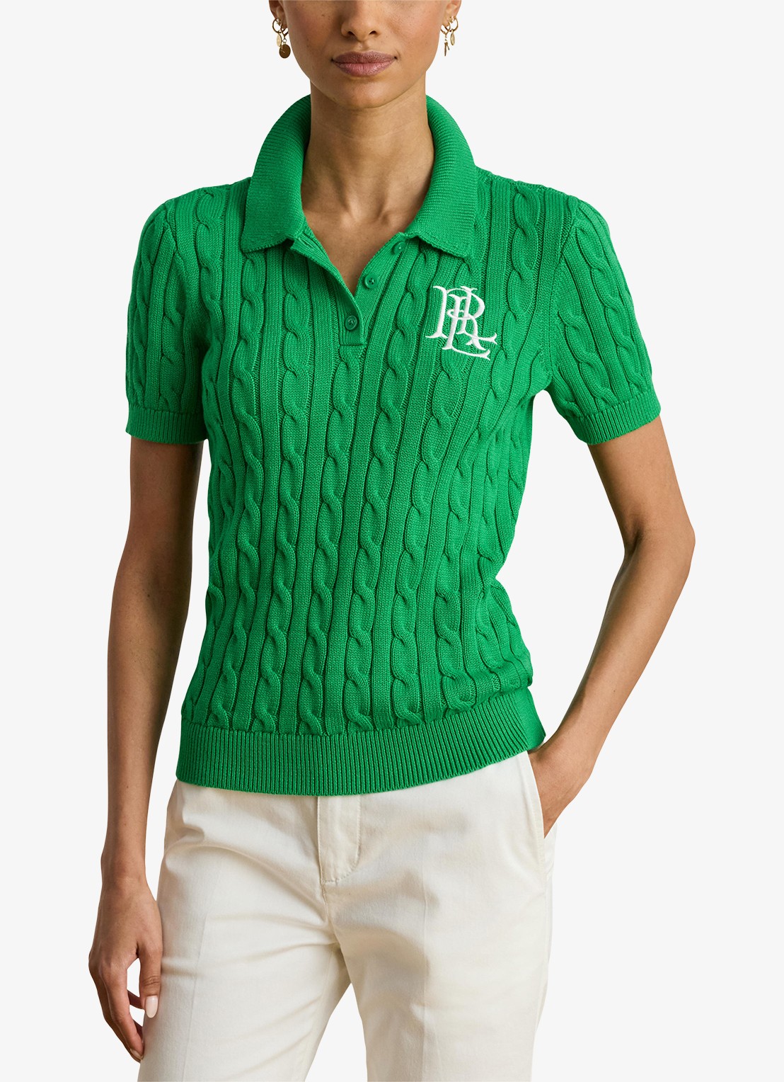 Ralph Lauren  Kabelgebreide polo met logoborduring - detail 3 stem / groen