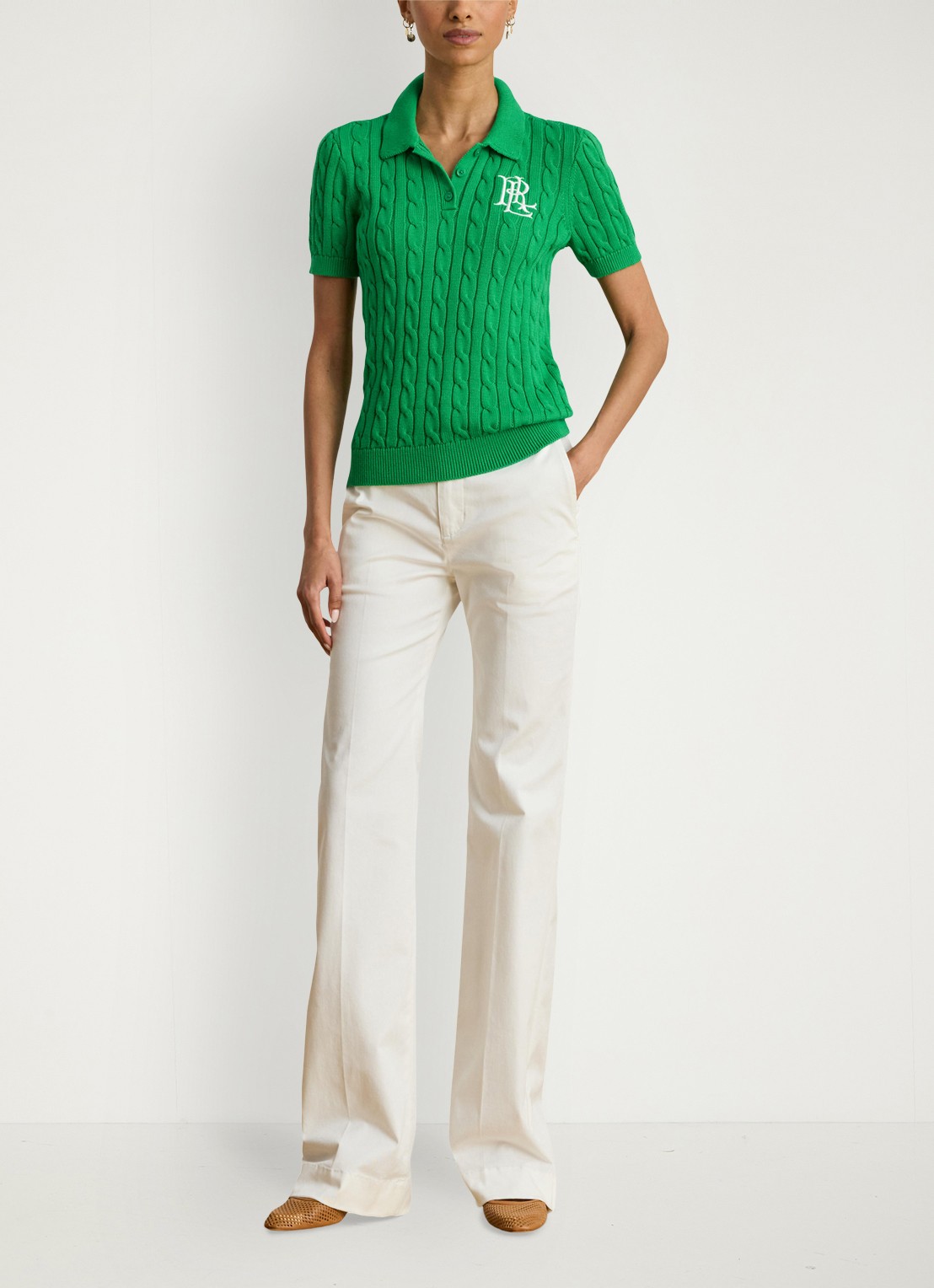 Ralph Lauren  Kabelgebreide polo met logoborduring - voorkant 2 stem / groen