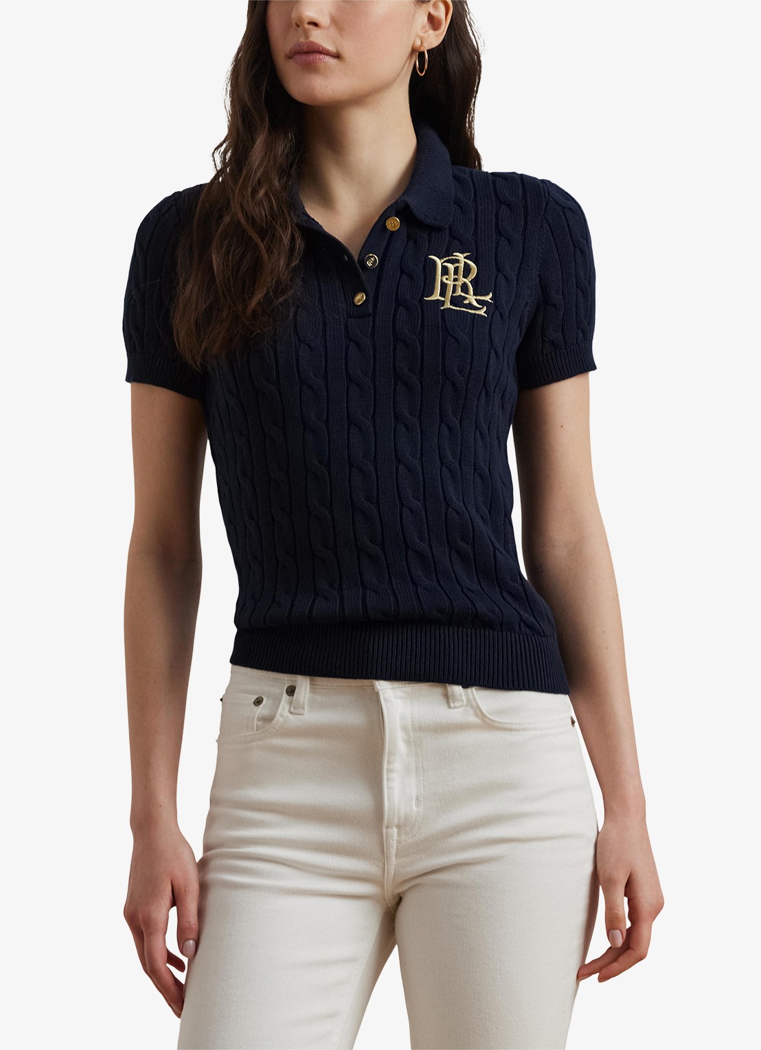 Ralph Lauren  Kabelgebreide polo met logoborduring - detail 2 donkerblauw