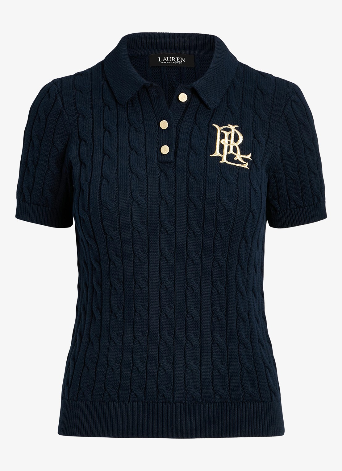 Ralph Lauren  Kabelgebreide polo met logoborduring - voorkant 3 donkerblauw