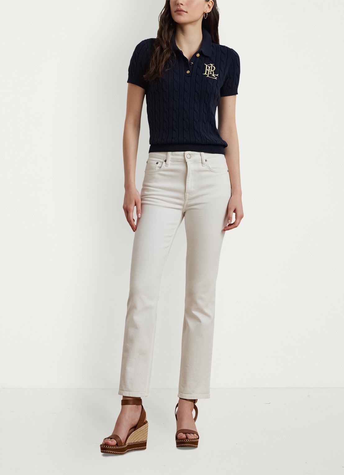 Ralph Lauren  Kabelgebreide polo met logoborduring - voorkant 4 donkerblauw