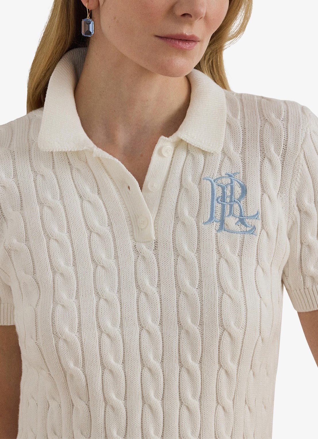 Ralph Lauren  Kabelgebreide polo met logoborduring - detail 2 wit