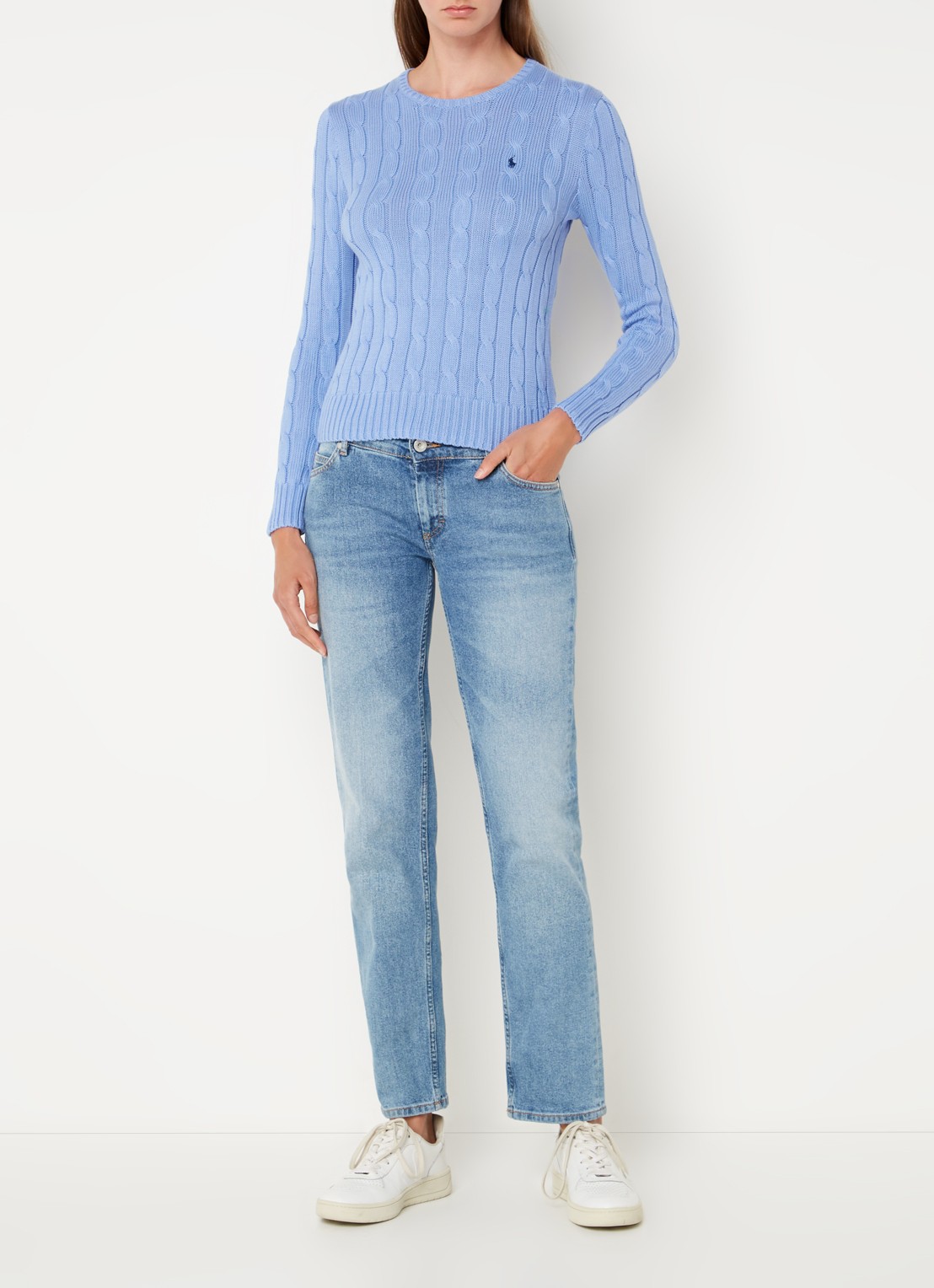 Ralph Lauren Kabelgebreide pullover met logoborduring - voorkant 3 lichtblauw
