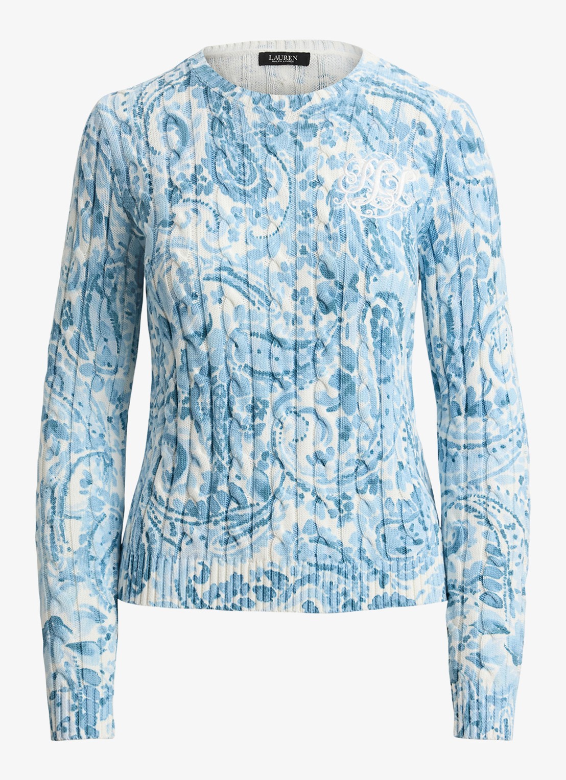 Ralph Lauren Kabelgebreide pullover met paisley dessin - voorkant 2 white/blue / blauw