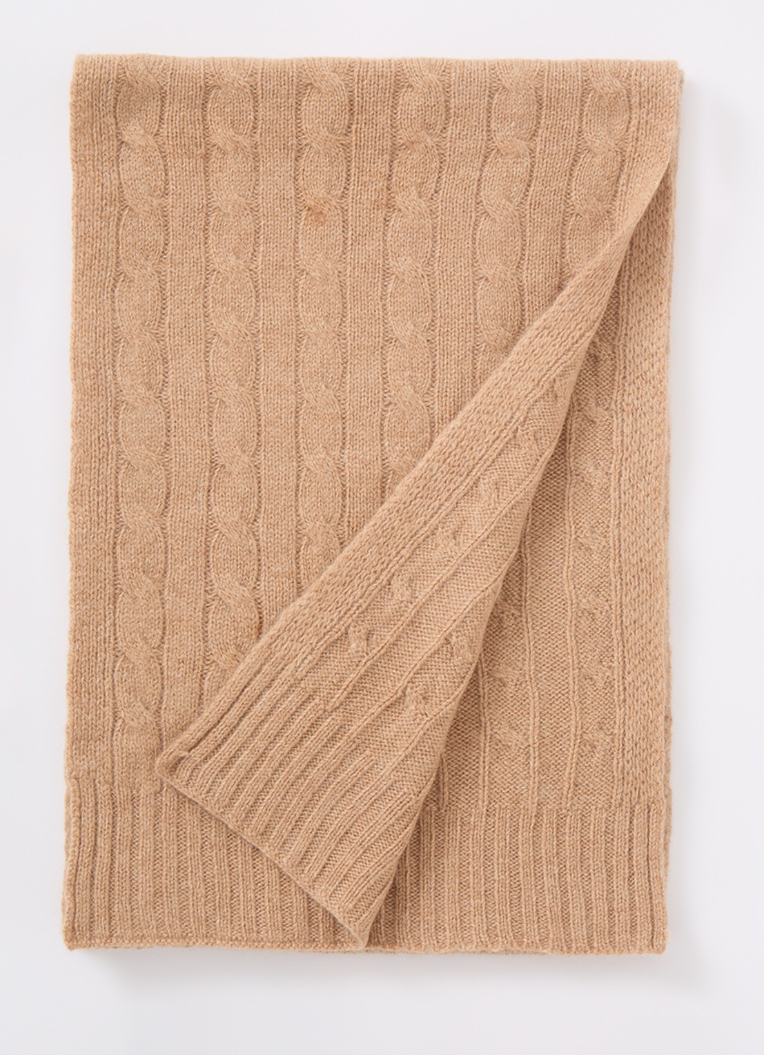 Ralph Lauren Kabelgebreide sjaal in kasjmierblend 183 x 27 cm - voorkant camel