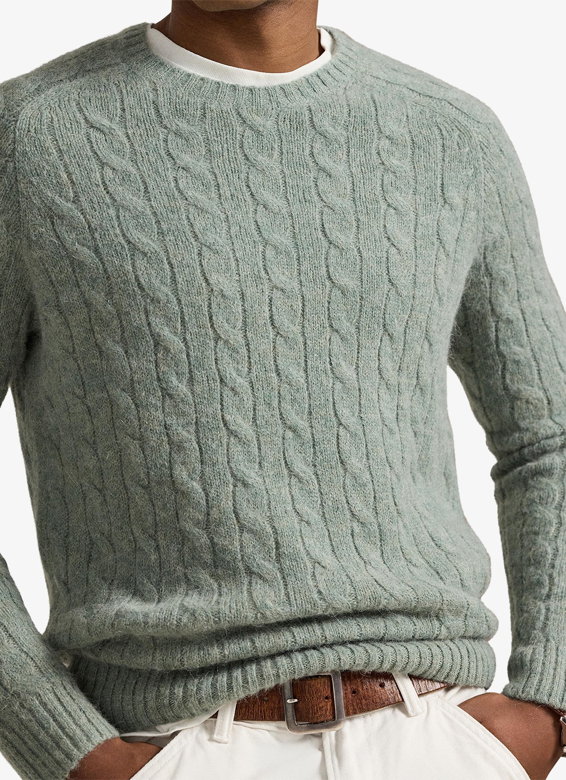 Ralph Lauren Kabelgebreide trui in alpacawolblend - detail 5 fern green heather / groen