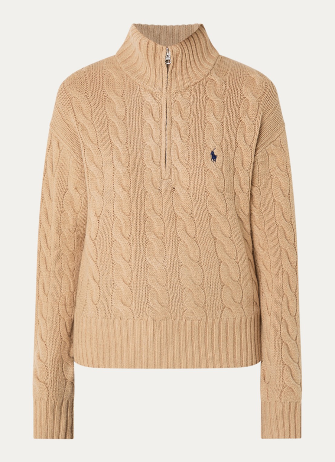 Ralph Lauren Kabelgebreide trui in kasjmierblend met halve rits en logoborduring - voorkant camel