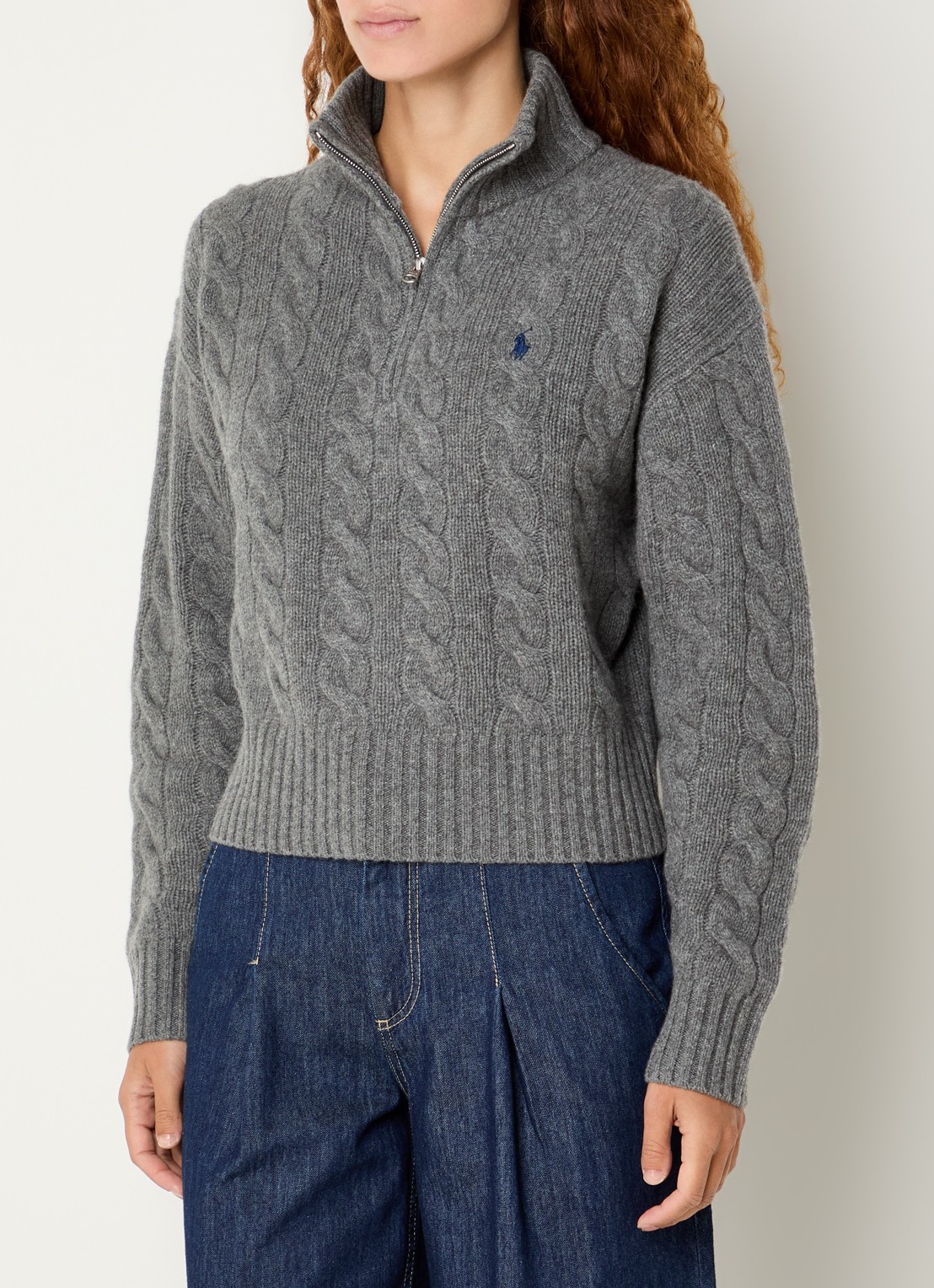 Ralph Lauren Kabelgebreide trui in kasjmierblend met halve rits - detail 3 middengrijs