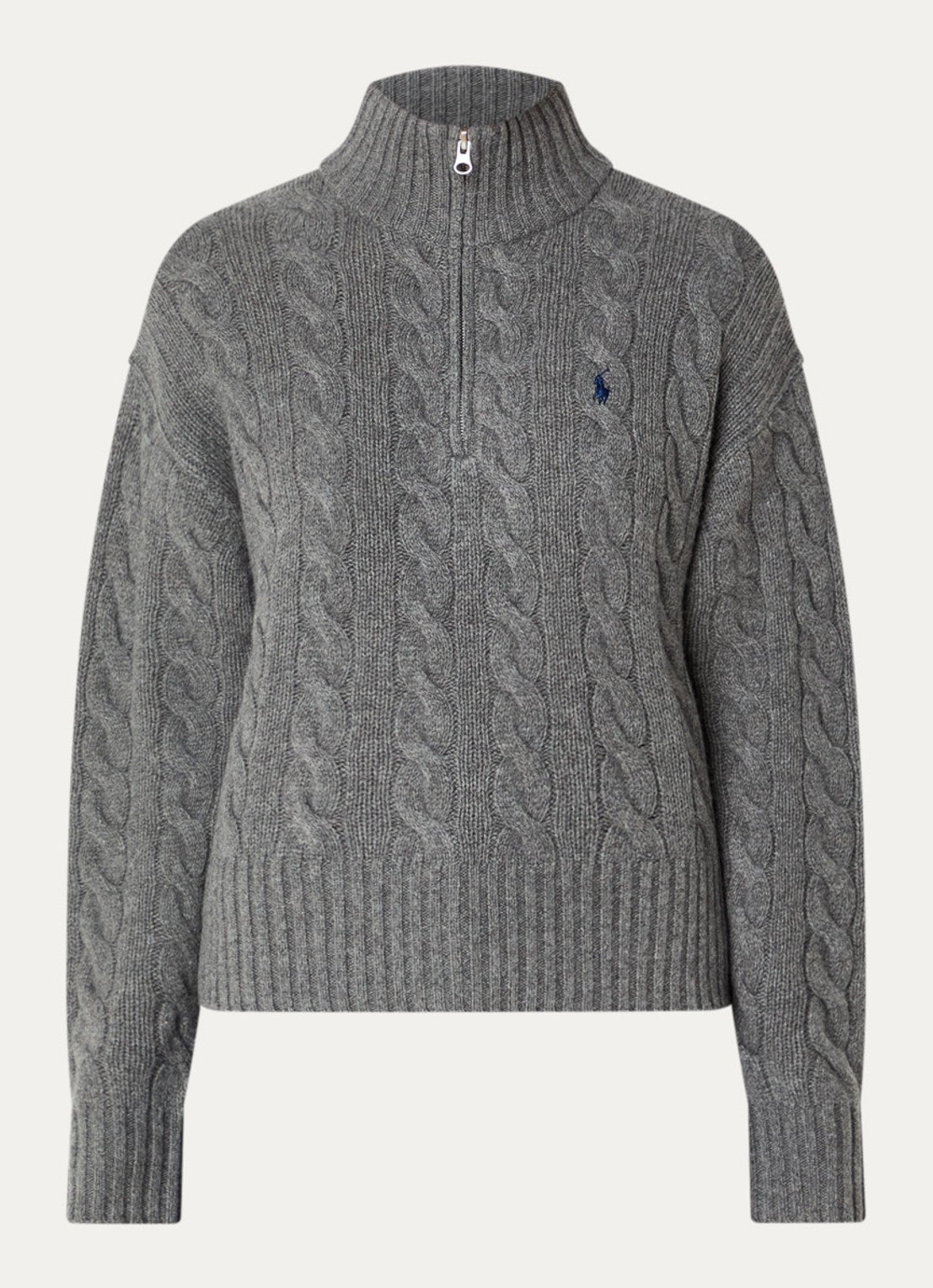 Ralph Lauren Kabelgebreide trui in kasjmierblend met halve rits - voorkant middengrijs
