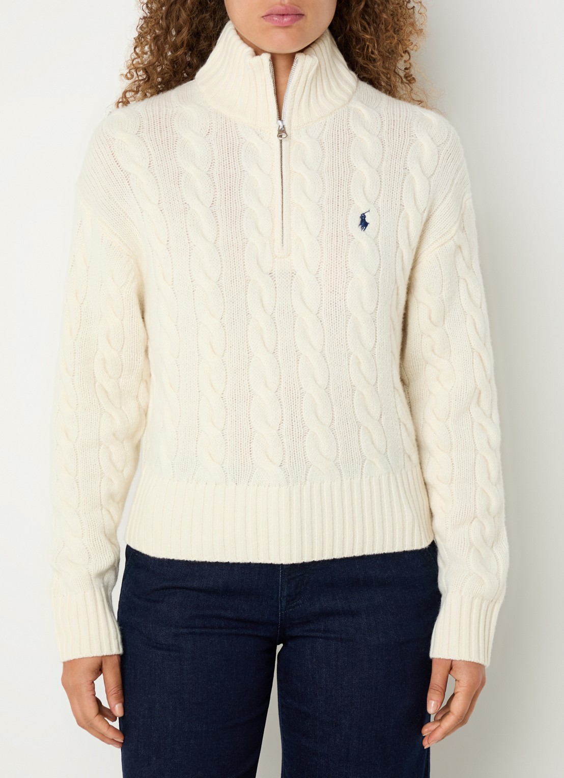 Ralph Lauren Kabelgebreide trui in kasjmierblend met halve rits - detail 2 gebroken wit