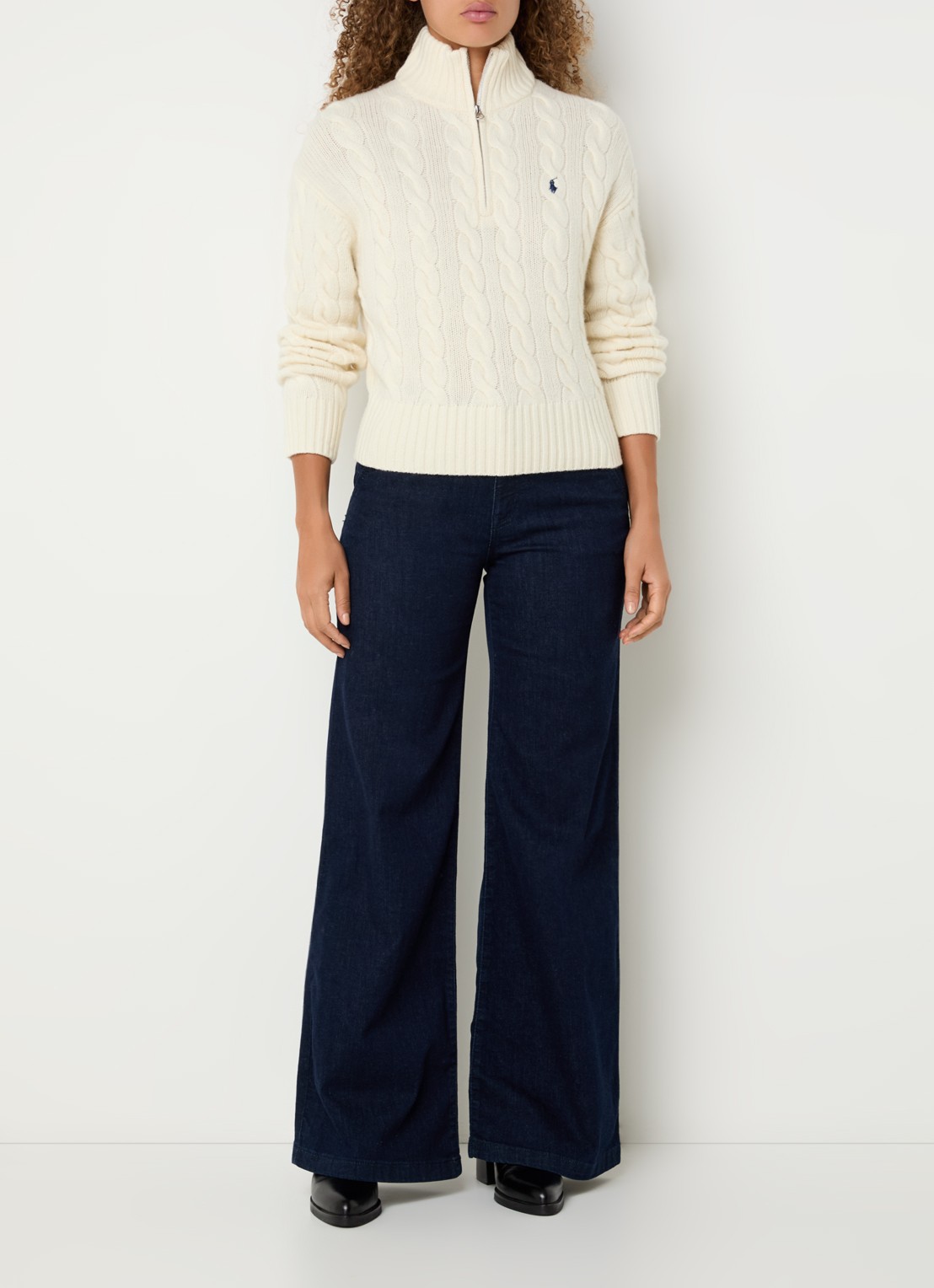 Ralph Lauren Kabelgebreide trui in kasjmierblend met halve rits - voorkant 4 gebroken wit