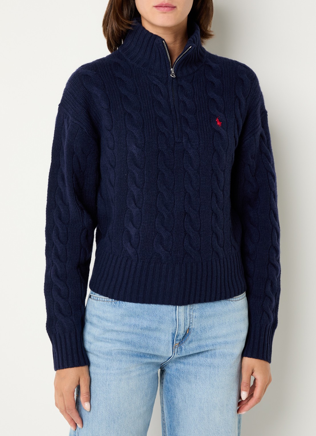 Ralph Lauren Kabelgebreide trui in kasjmierblend met halve rits  - detail 3 donkerblauw