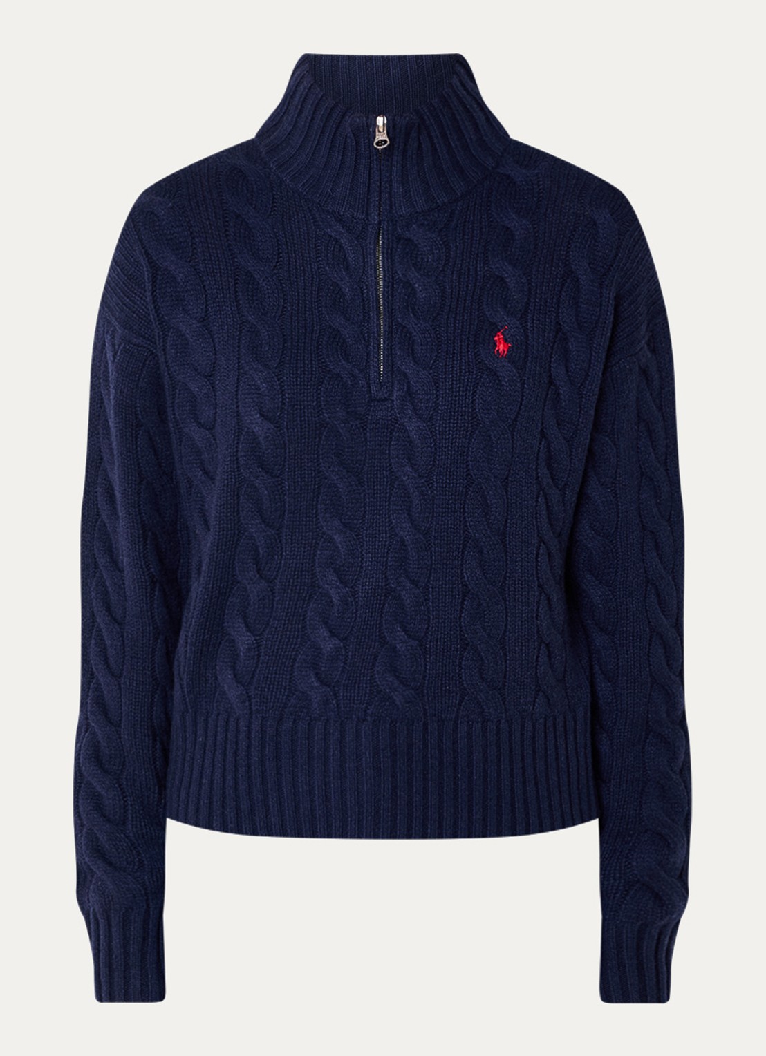 Ralph Lauren Kabelgebreide trui in kasjmierblend met halve rits  - voorkant donkerblauw